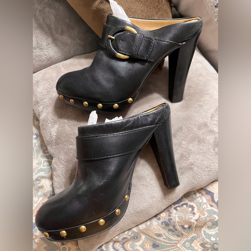 Black leather Coach heeled mules!